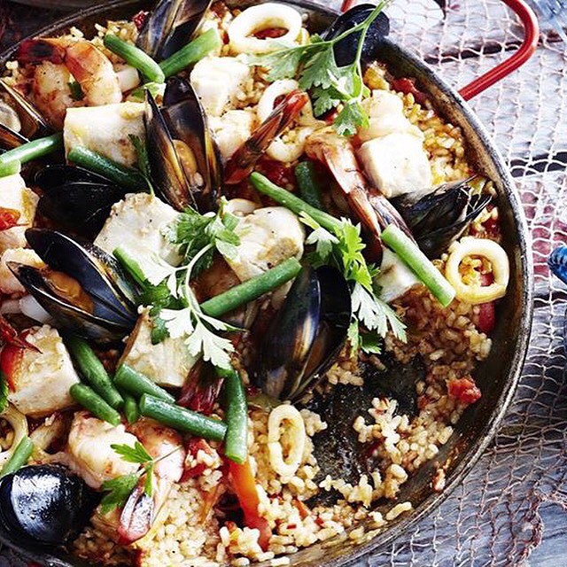 Seafood Paella With Green Beans, Tomatoes, Thyme & Chilli Recipe The
