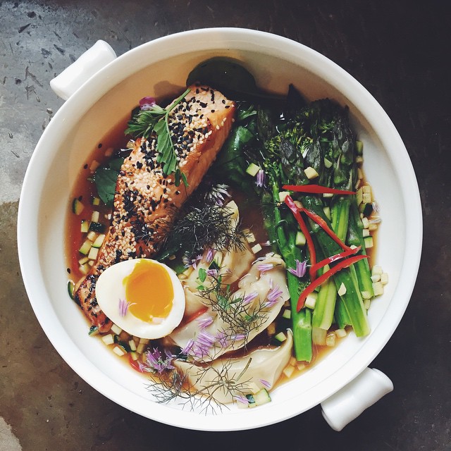 Miso Broth With Salmon, Asparagus, Broccoli And Chilli On A Bed Of Buckwheat Noodles, Zucchini