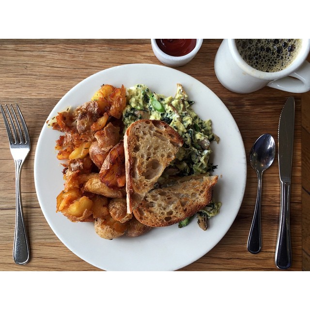Soft Scrambled Eggs With Asparagus, Oyster Mushrooms, Stinging Nettles