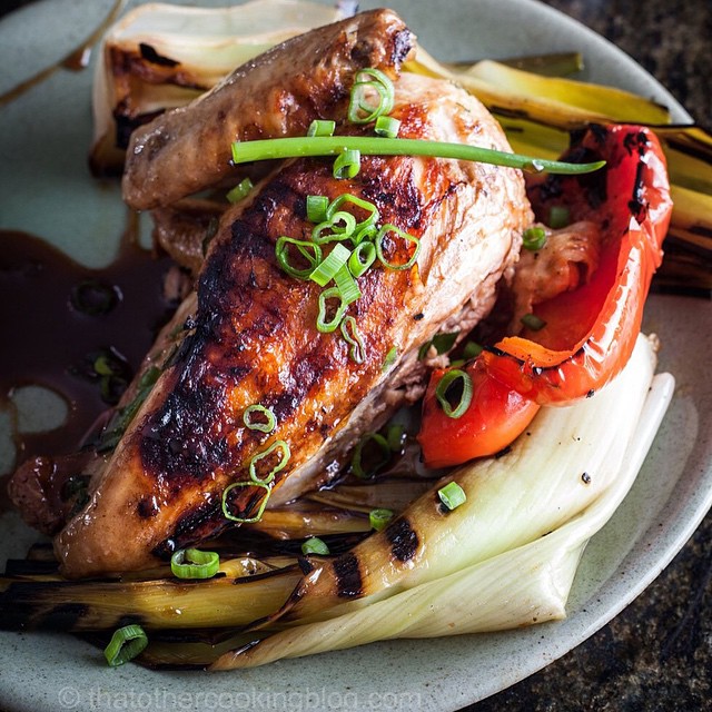 Poached & Grilled Whole Chicken In Guiness Glaze With Leeks And Bell 