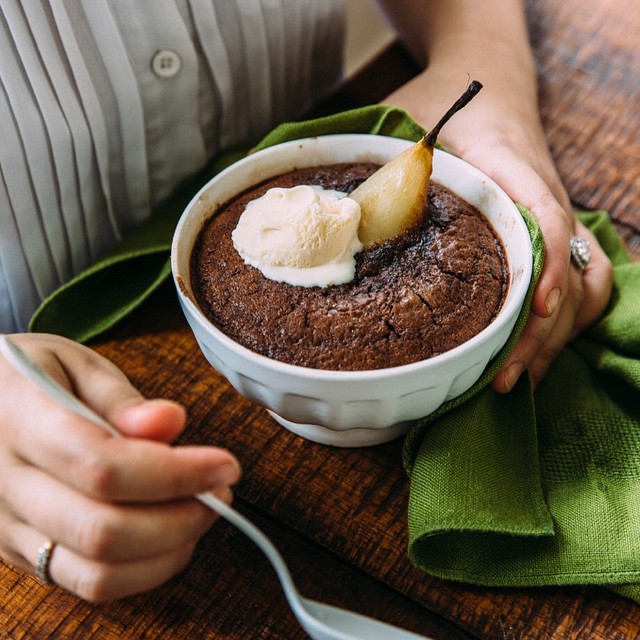 Poached Pear Pudding With Brown Sugar & Chocolate Sauce Recipe The Feedfeed