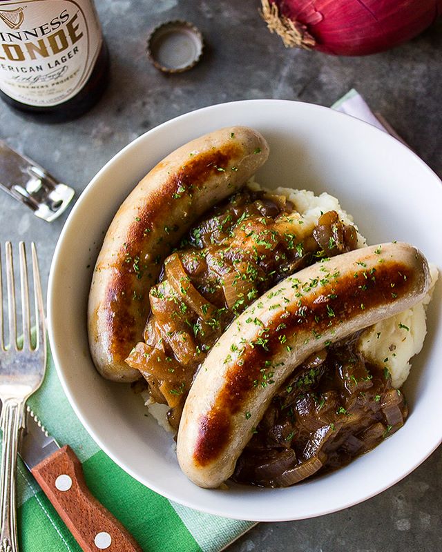 Bangers And Mash With Stout Beer Onion Gravy by thebeachhousekitchen Quick & Easy Recipe The