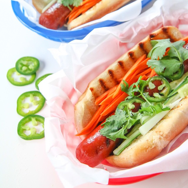 Hoisin Banh Mi Hot Dogs With Cucumber Jalapeno Cilantro Recipe By Joe Yoon The Feedfeed