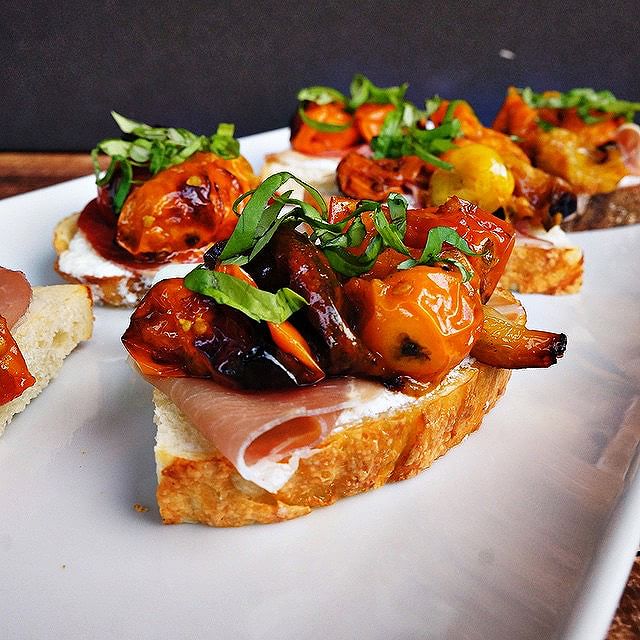 Crostini With Burrata Purée, Capicola, Oven Roasted Tomatoes & Basil