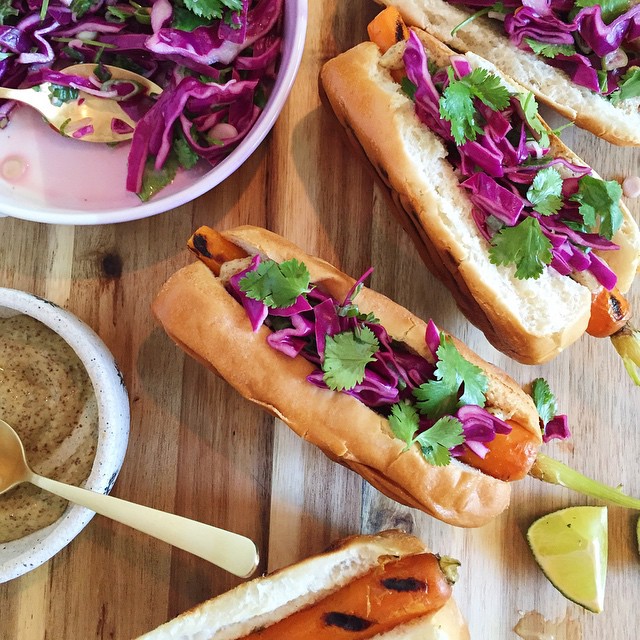 Grilled Carrot Hot Dogs With Purple Cabbage Slaw And Horseradish