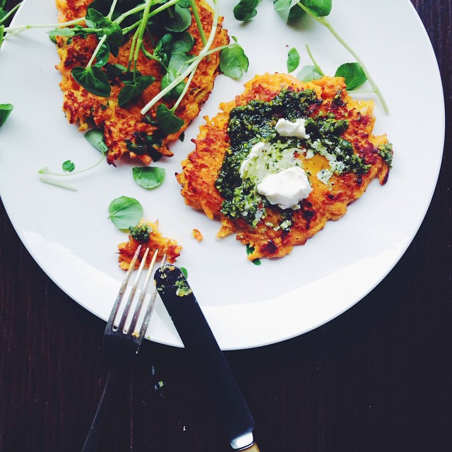 Sweet Potato Latkes With Basil Pesto, Poached Egg And Labneh The Feedfeed