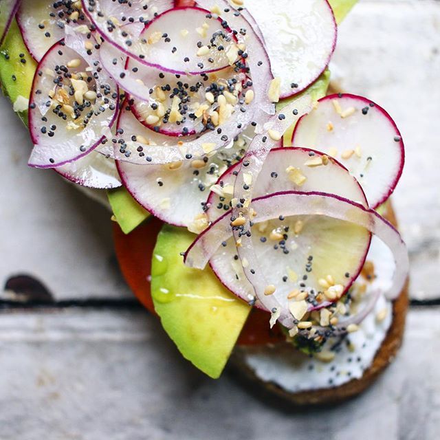 Toast With Labne, Tomato, Avocado, Radish And Red Onion Topped With ...