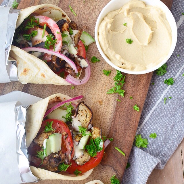 Eggplant Gyros With Cucumber, Tomato, Red Onion, Herbs & Hummus Dill ...