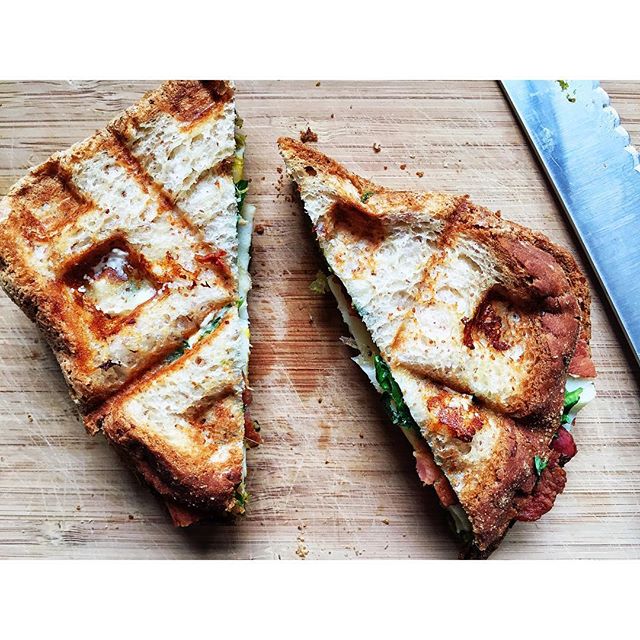 Panini Breakfast Sandwich With Pesto, Kale, Spinach, Bacon And Goat