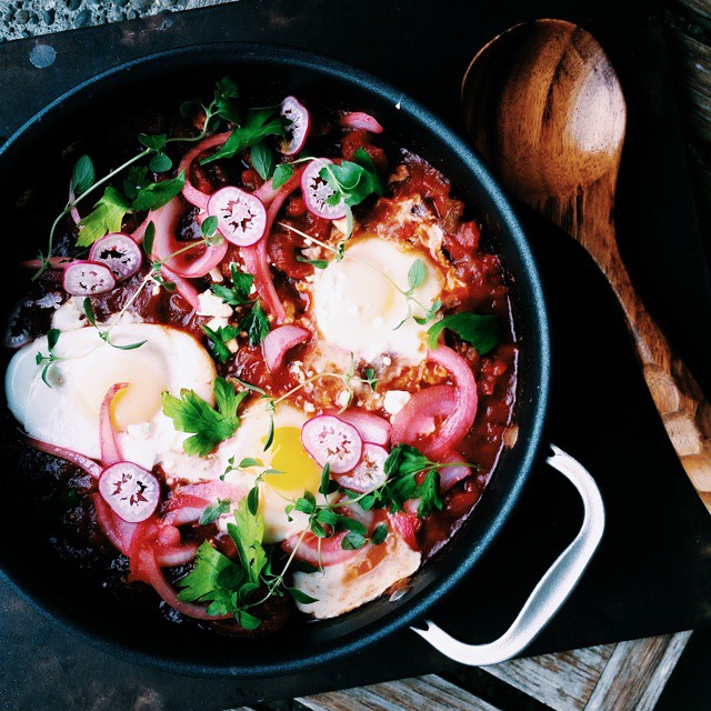 Pickled Radish Shakshuka With Swiss Chard, Feta & Jalapeno by