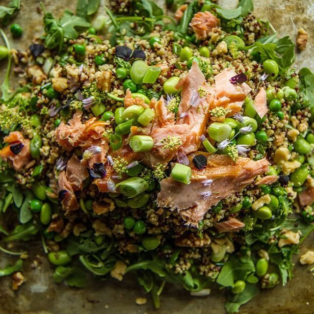 Minty Quinoa & Smoked Salmon Salad With Peas & Edamame recipe