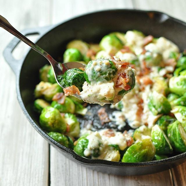 Skillet Brussels Sprouts With Bacon, Garlic And Parmesan Cream Sauce Recipe The Feedfeed