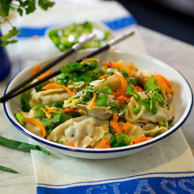 Pork & Prawn Potstickers With Pickled Carrot And Black Vinegar Dipping