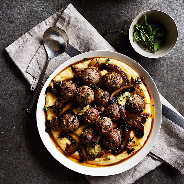 Veal And Pork Meatballs With Polenta Mushrooms And Veal Au Jus By