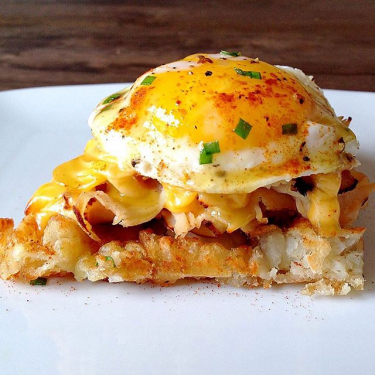 waffled tater tot hash browns with turkey, cheddar and a sunny