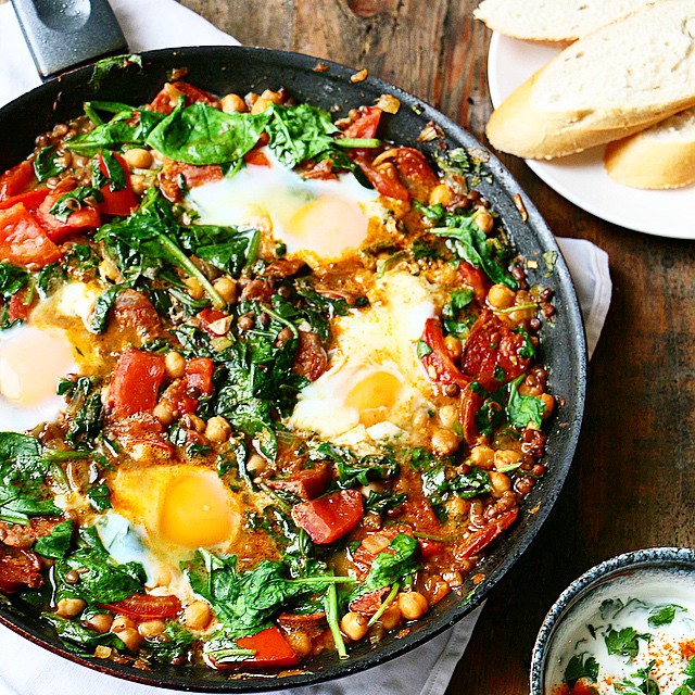 Garbanzo Bean And Chorizo Skillet With Spinach And Eggs by sesu_chops