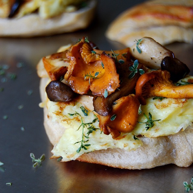 Mushroom And Thyme Omelette Sandwich: Chanterelle, King Trumpet, Porcini