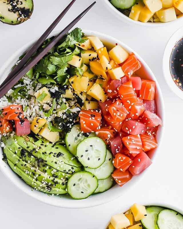 Poke Bowl with Avocado, Mango and Riced Cauliflower by thewoodenskillet ...