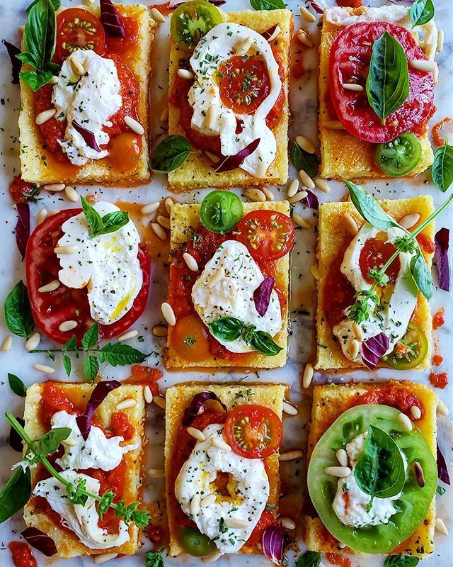 Polenta Squares with Sun Dried Tomato Pesto, Sliced Tomatoes & Burrata ...