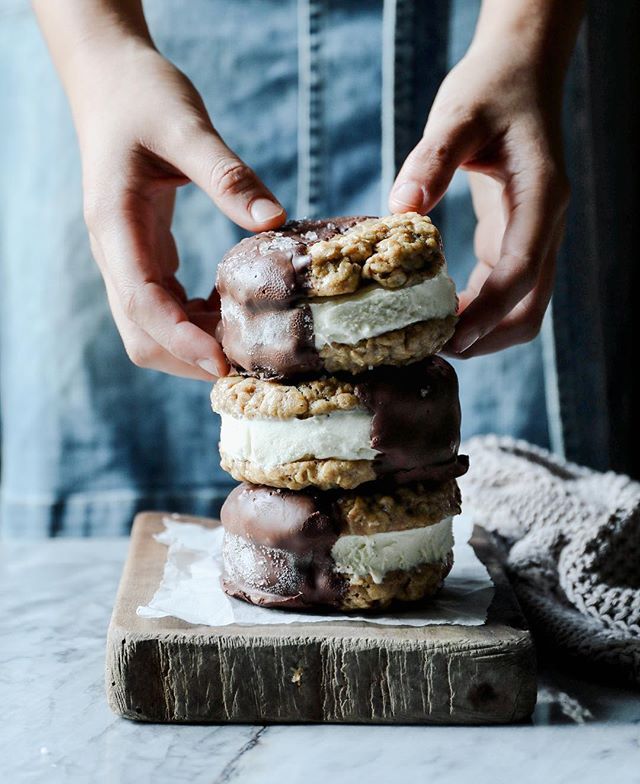 oatmeal cookie ice cream sandwich dipped in chocolate