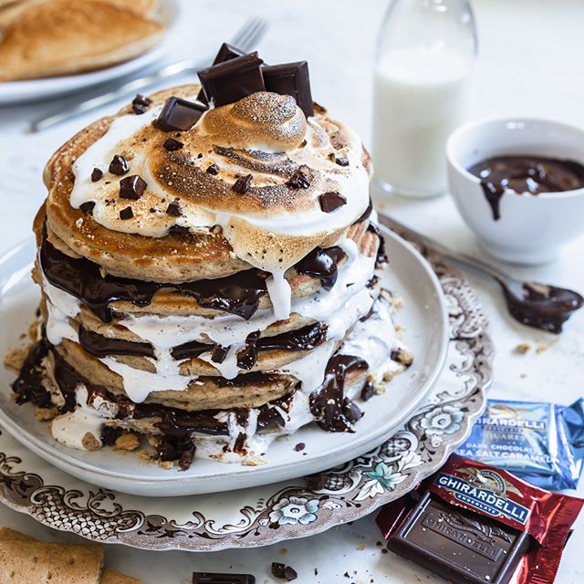 Graham Cracker Pancakes with Marshmallow Fluff and Dark Chocolate by  . | Quick & Easy Recipe | The Feedfeed
