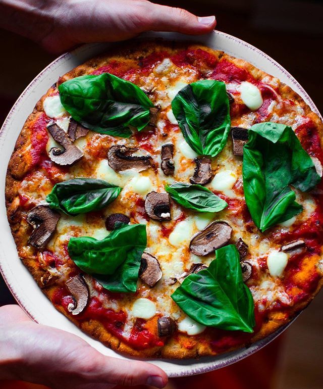 Homemade Cheese Pizza with Mushrooms and Basil