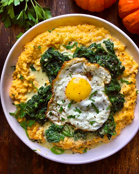 Browned Butter Pumpkin Grits with Creamed Spinach and Fried Egg Recipe ...