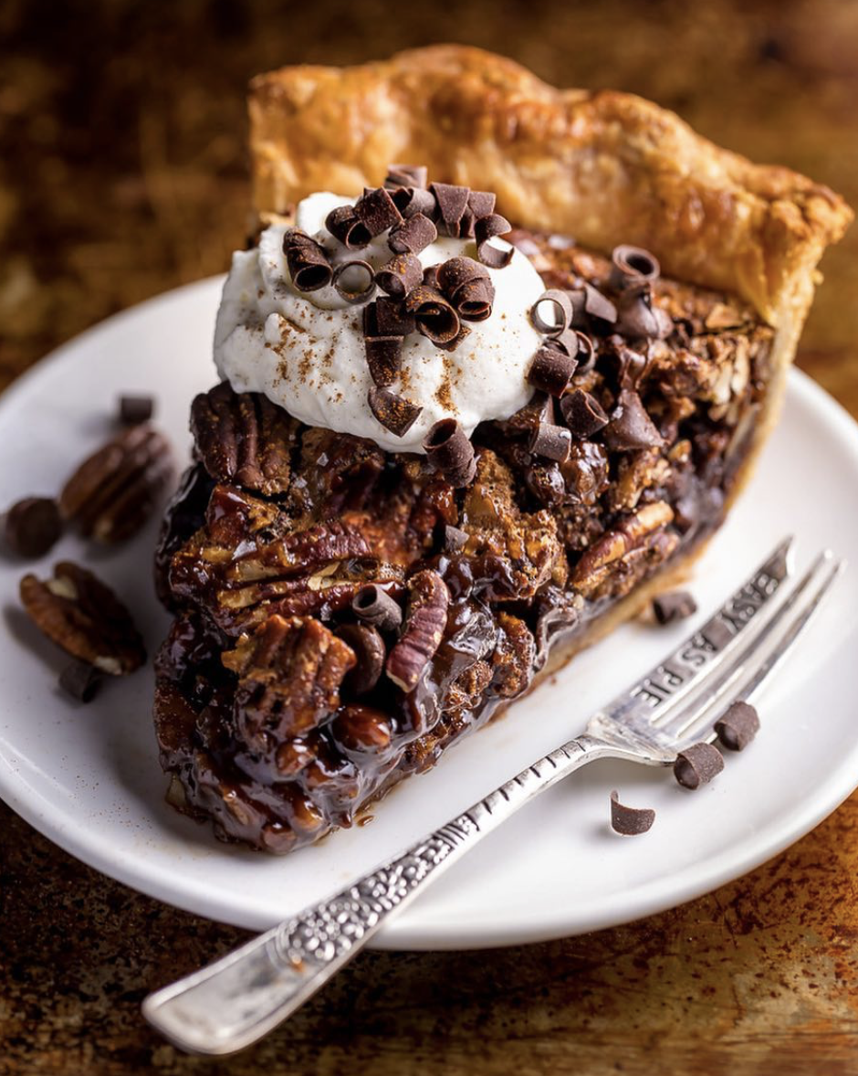 Yummy Recipe for Chocolate Pecan Pie with Whipped Cream by bakerbynature.