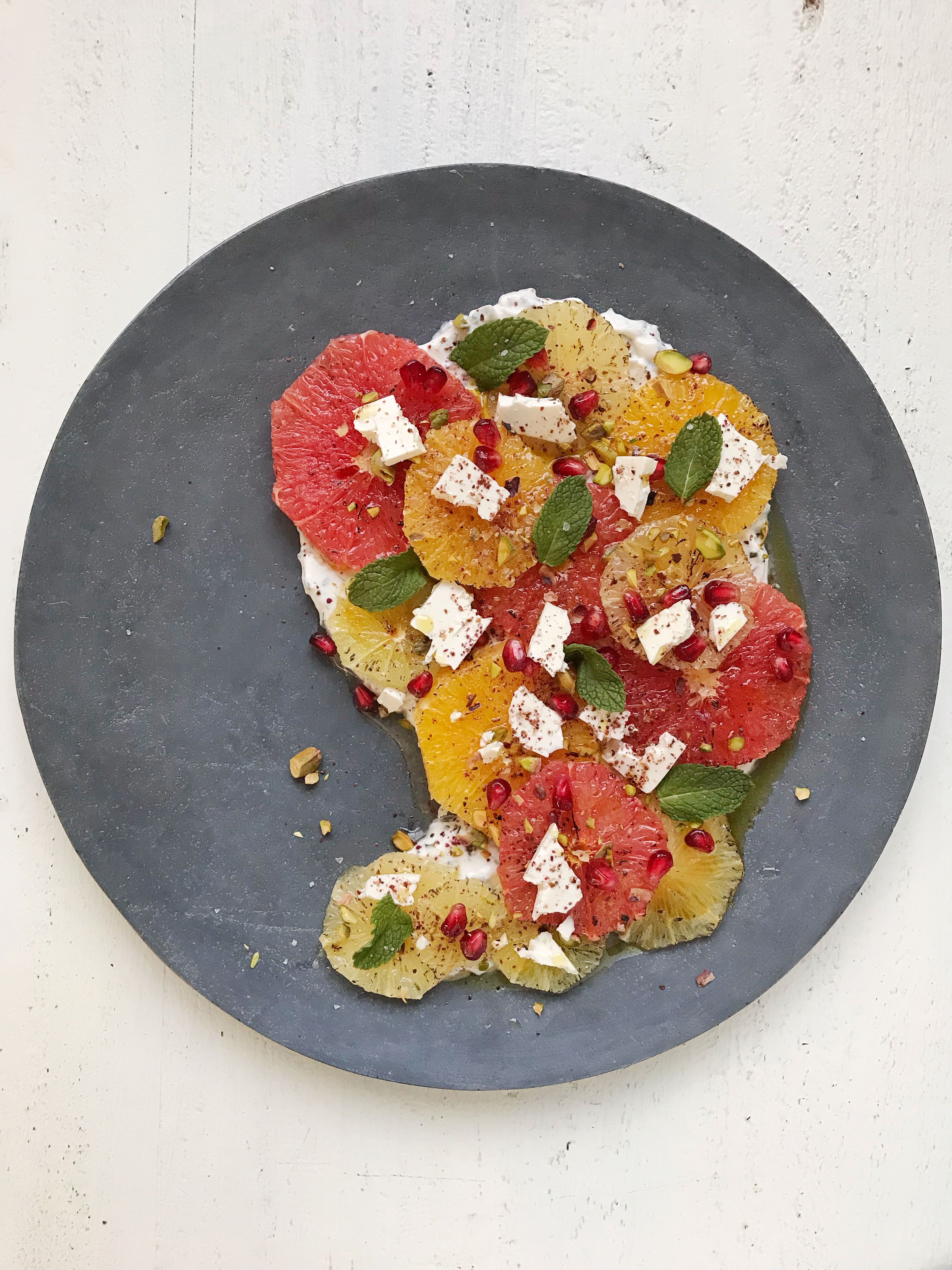 Brûléed Citrus Salad with Herbed Yogurt, Feta, Pistachios, Pomegranate and  Mint