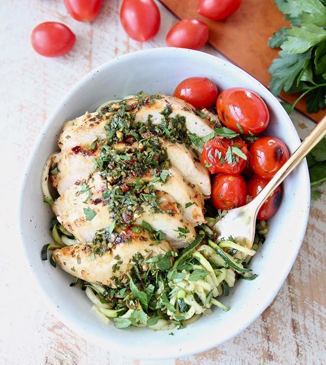 Grilled Chicken with Zucchini Noodles Blistered Tomatoes and