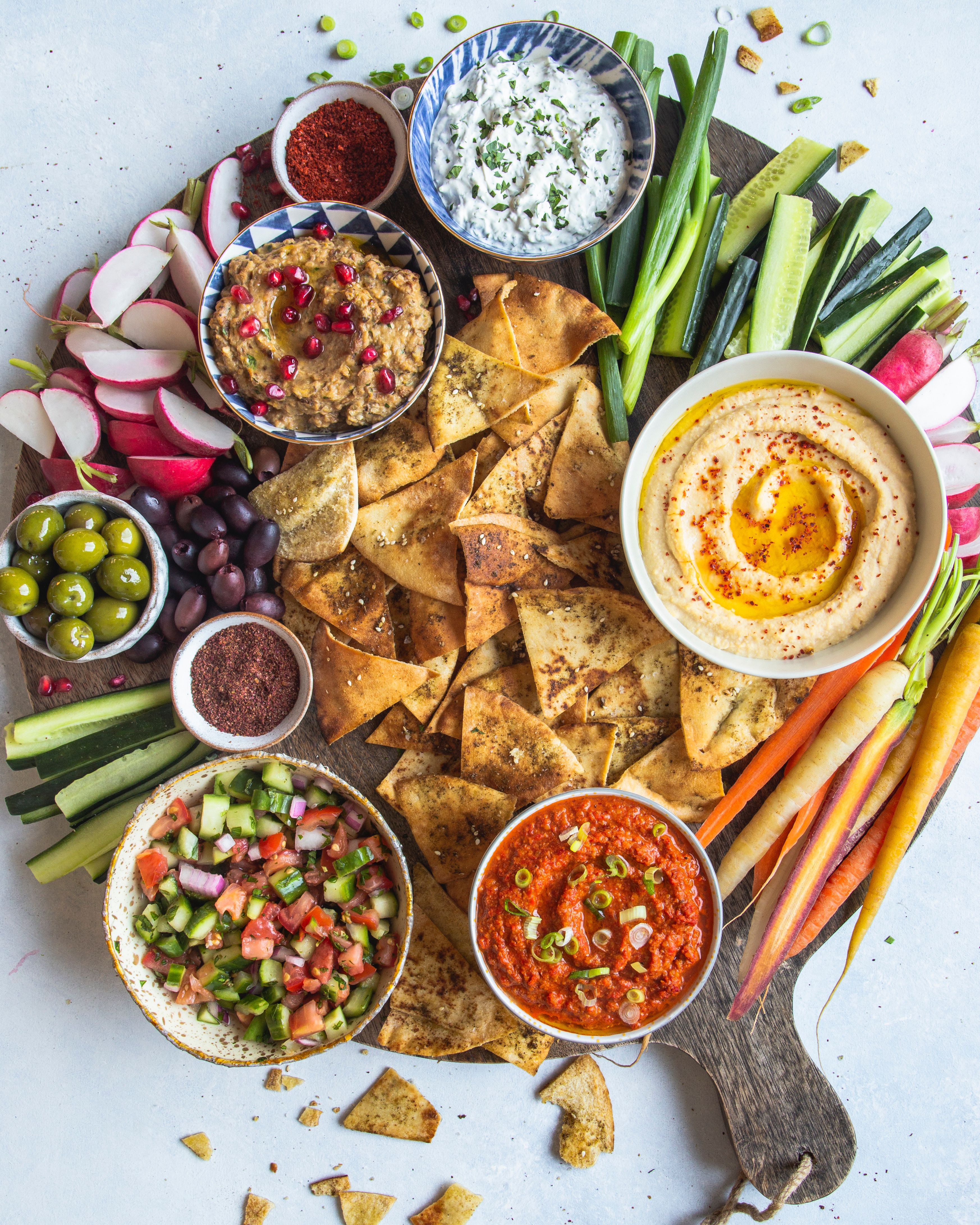 Middle Eastern Inspired Layer Dip With Hummus Muhammara Baba Ganoush Herbed Labneh And