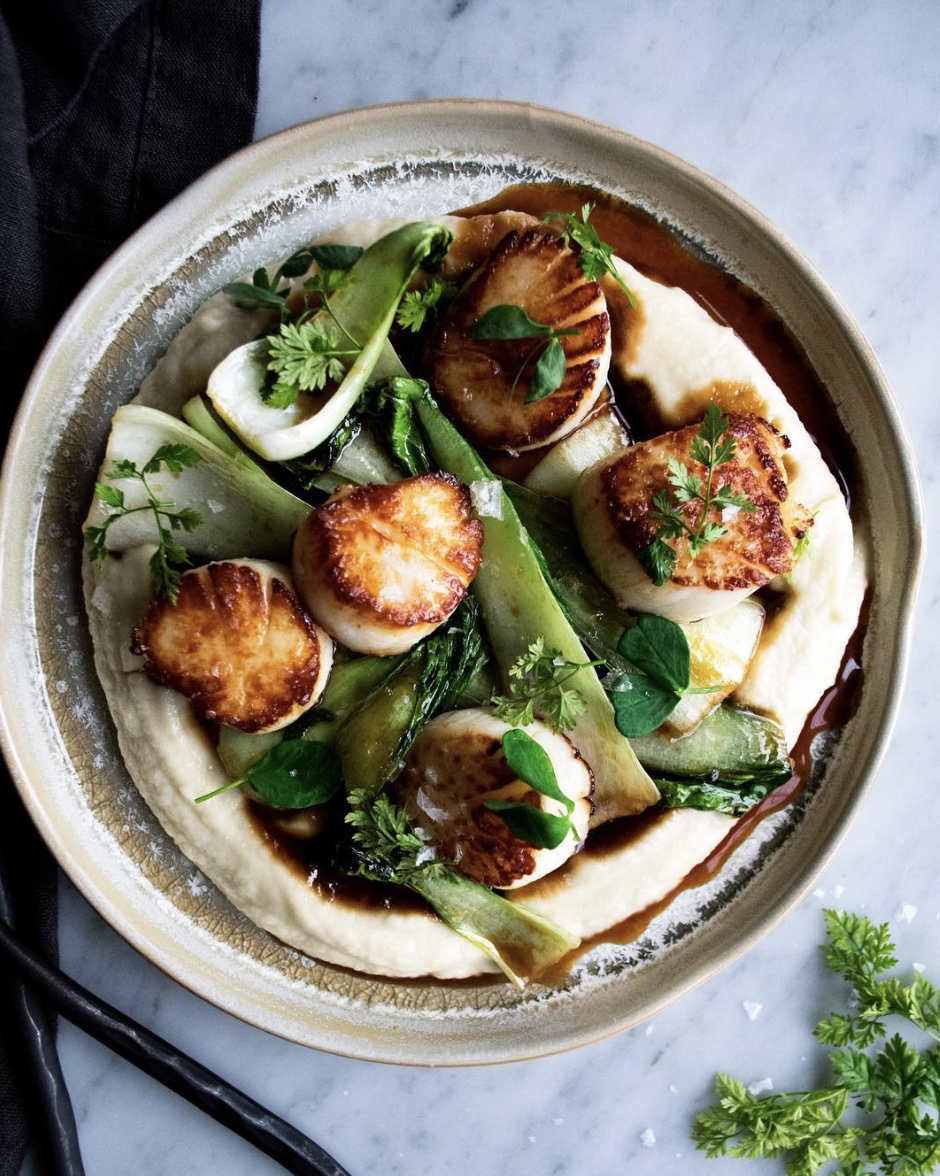Honey Glazed Scallops & Bok Choy with Celery Root Puree Recipe The