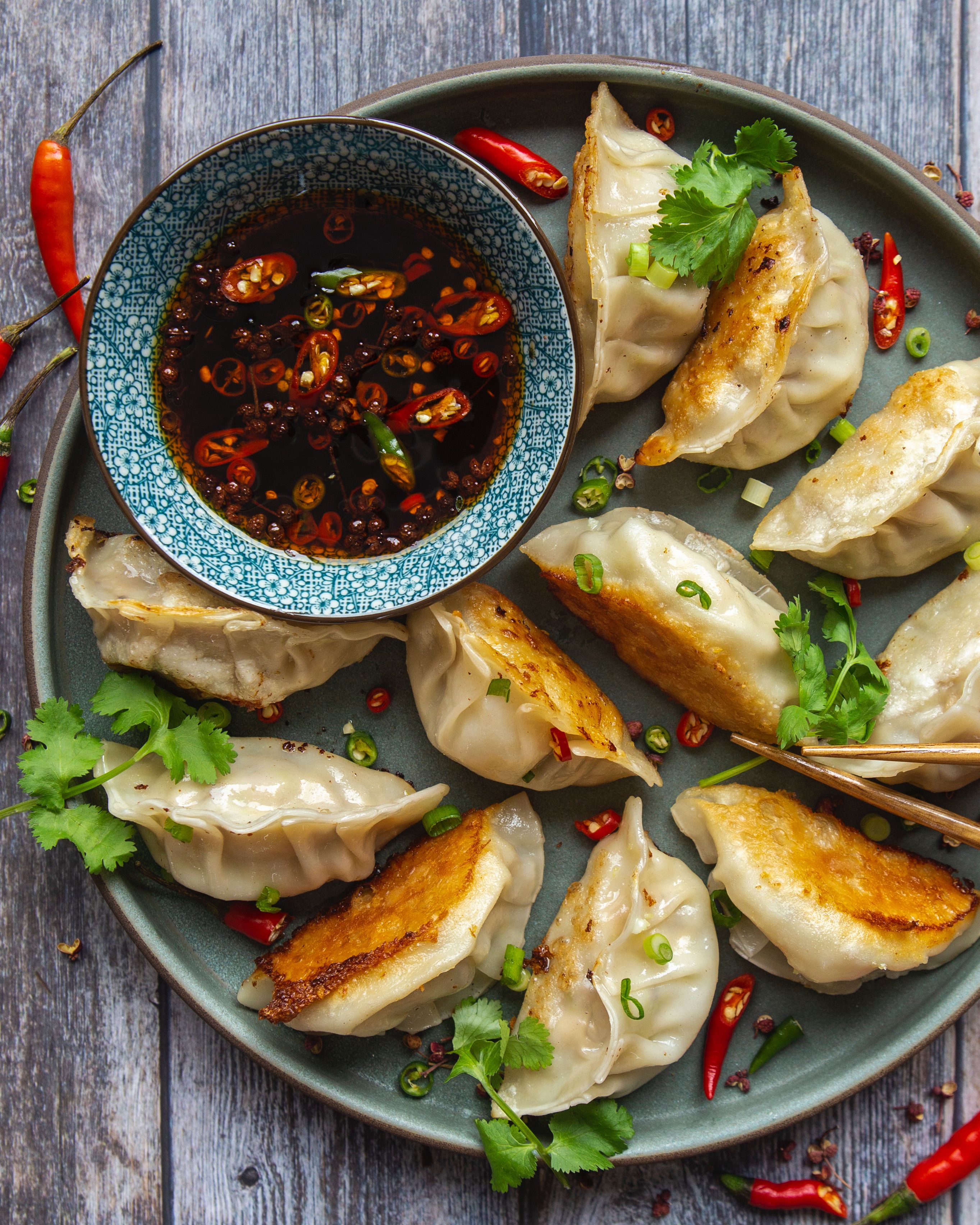 Napa Cabbage, Pork and Shiitake Dumplings with Spicy Soy Dipping Sauce ...
