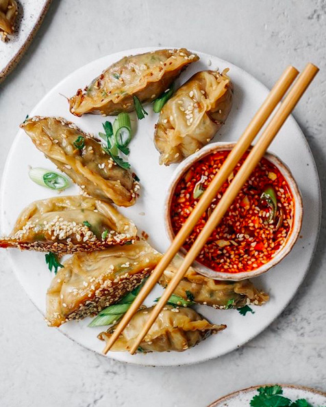 Crispy Vegetable Potstickers With Sesame Chili Sauce Recipe By Fear Not Food Is Your Friend The Feedfeed