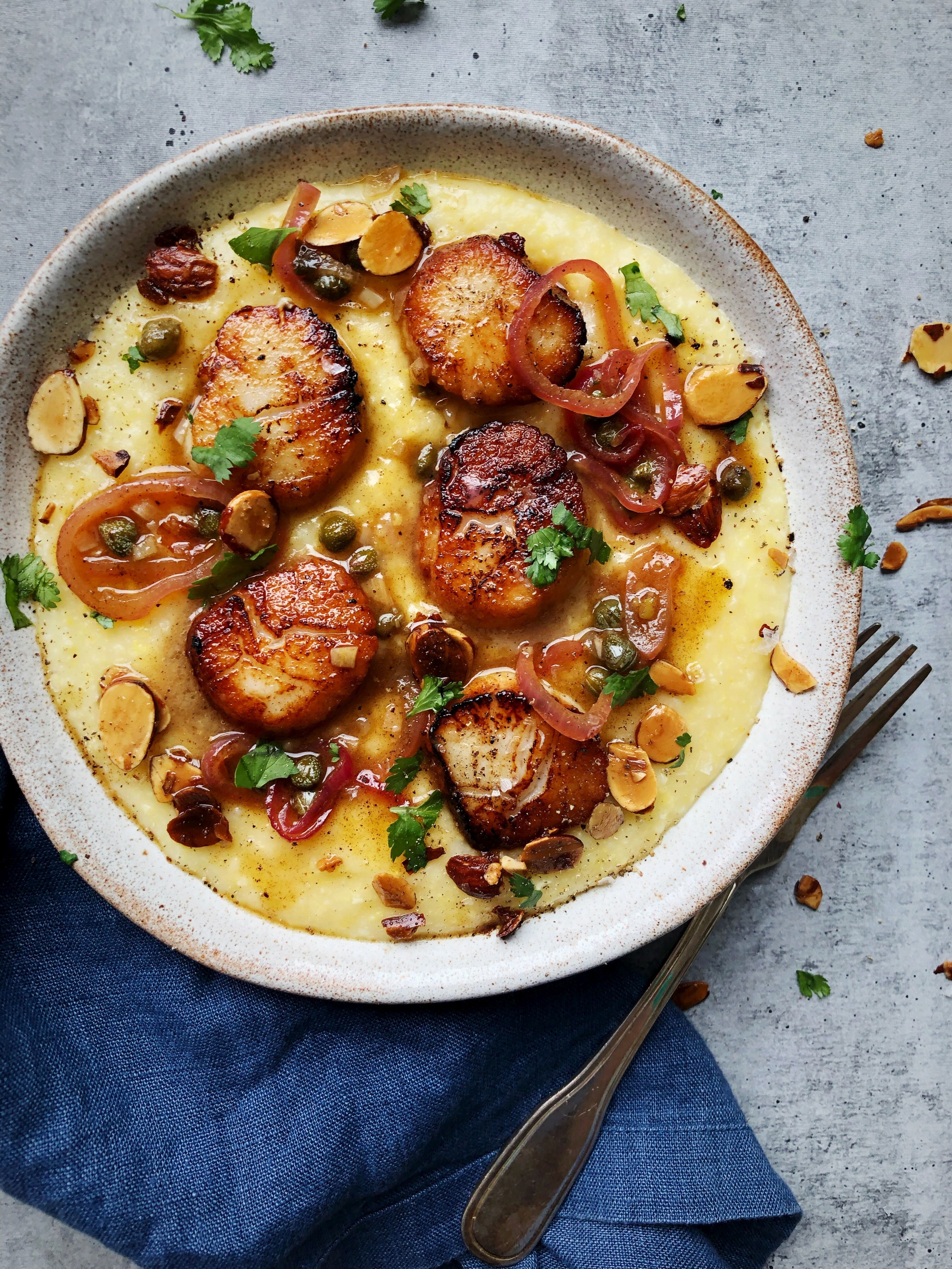 Scallops with Almond Brown Butter and Parmesan Polenta