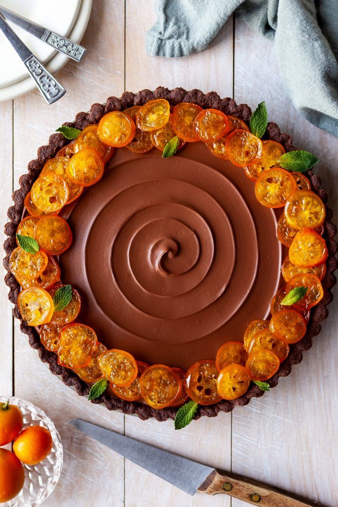 Chocolate Orange Truffle Tart with Candied Kumquats by crumbs.and