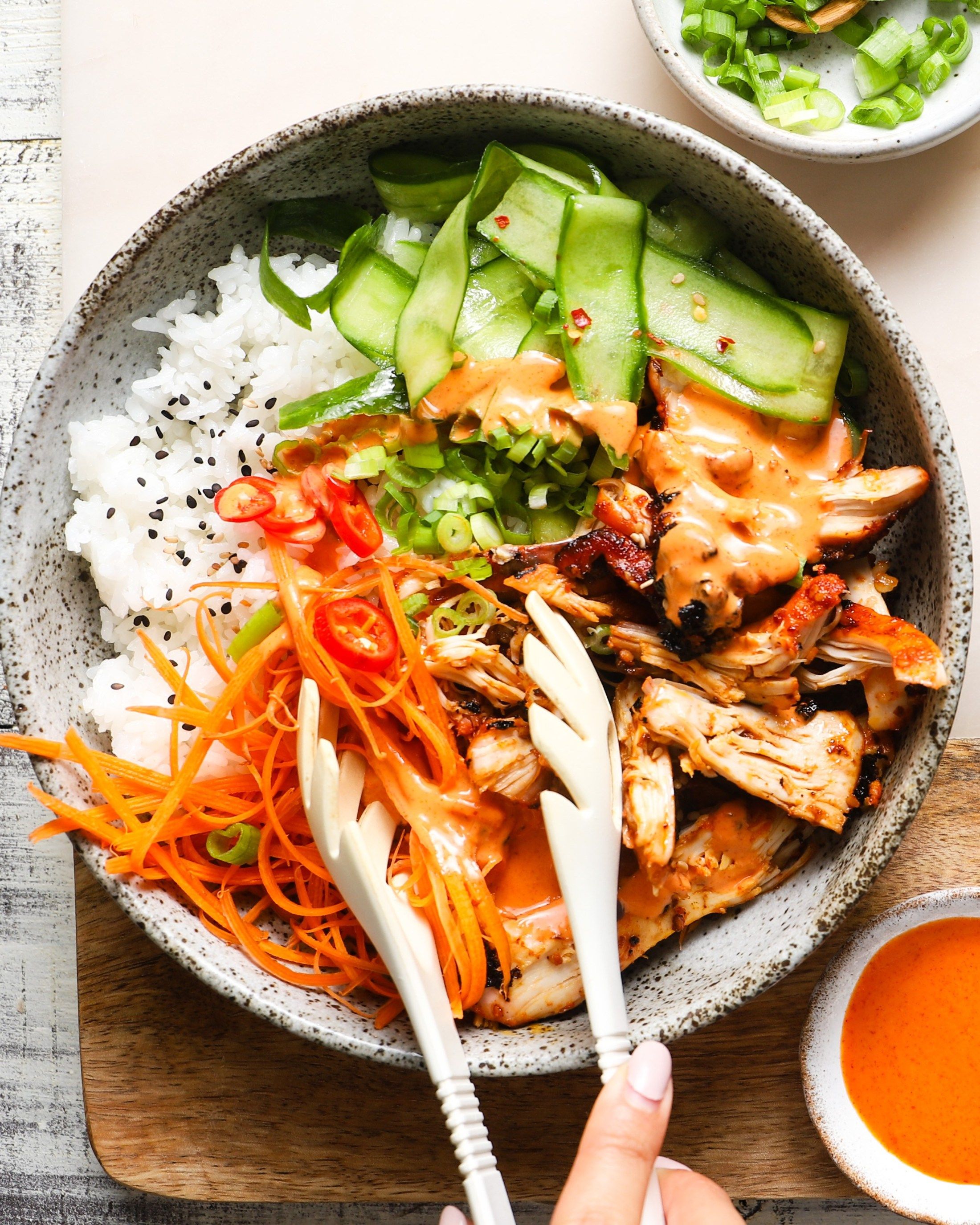 Shredded Chicken Rice Bowl with Spicy Mayo Recipe | The Feedfeed