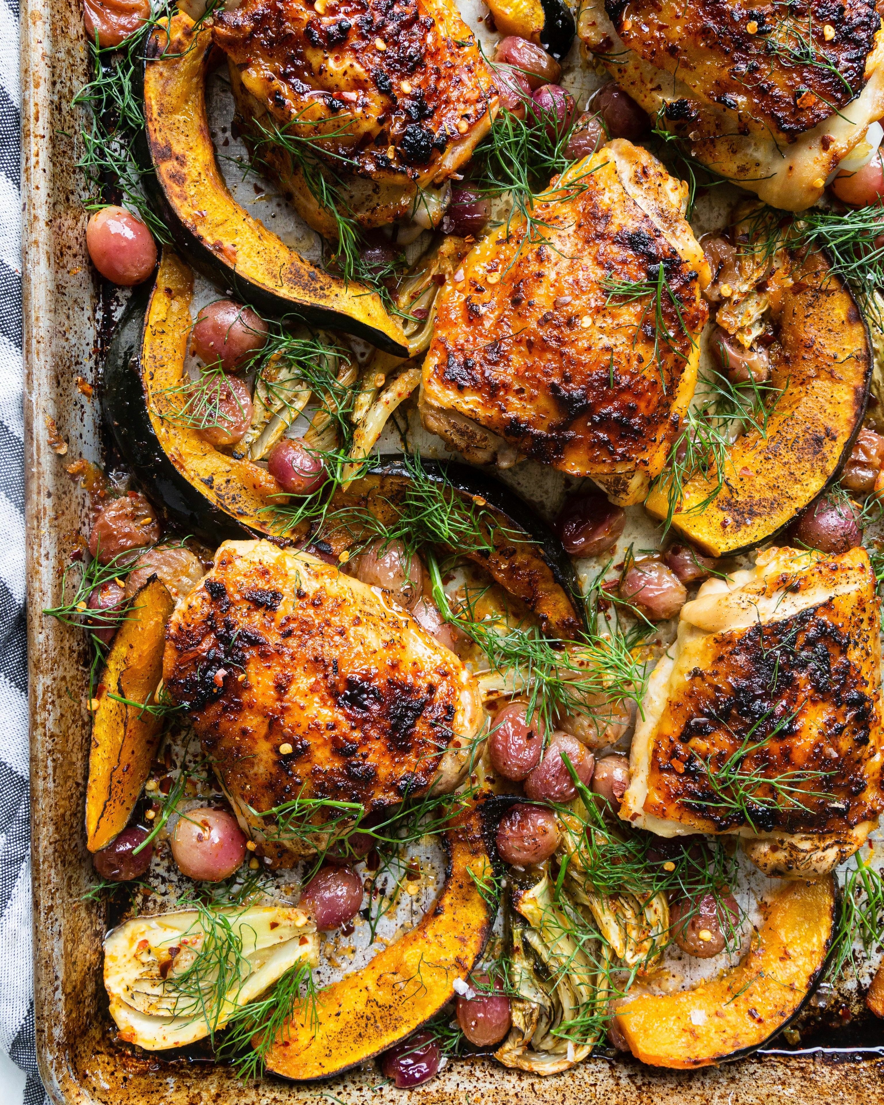 Sheet Pan Maple Dijon Chicken Thighs With Fennel Grapes And Acorn Squash By Thefeedfeed Quick Easy Recipe The Feedfeed