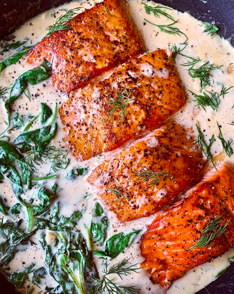 Pan Seared Salmon in Mustard Dill Cream Sauce with Spinach Recipe | The