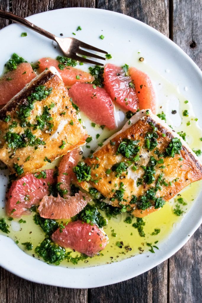 Pan Seared Halibut with Grapefruit and Salsa Verde Recipe | The Feedfeed