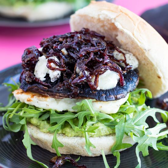 Portobello Mushroom Burgers with Halloumi & Caramelized Onions by