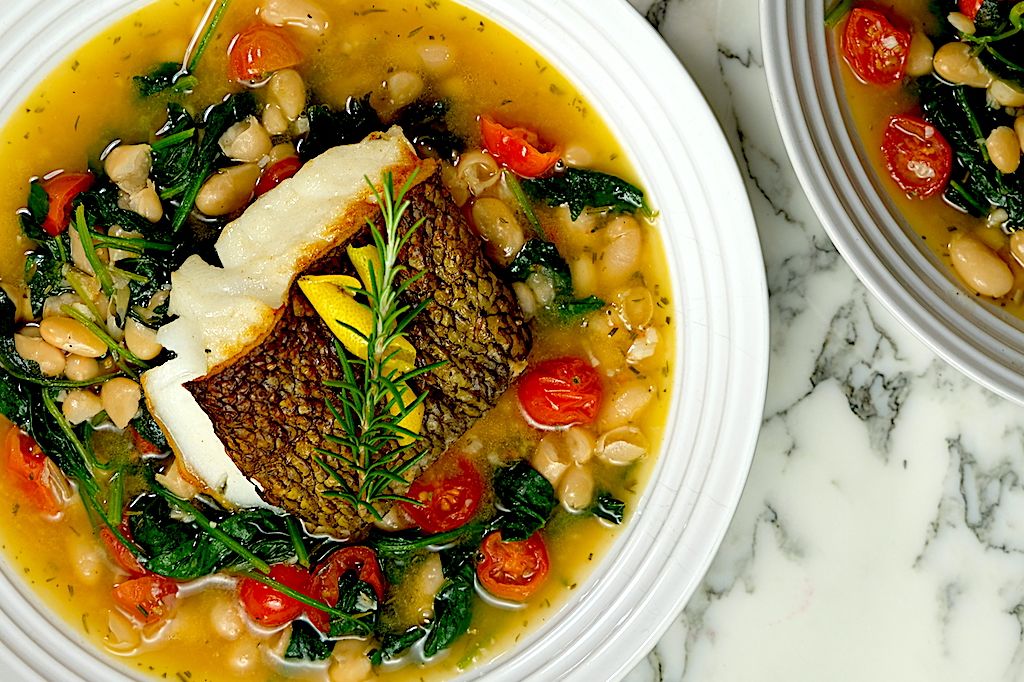 Sea Bass with Beans, Spinach and Tomatoes Recipe The Feedfeed