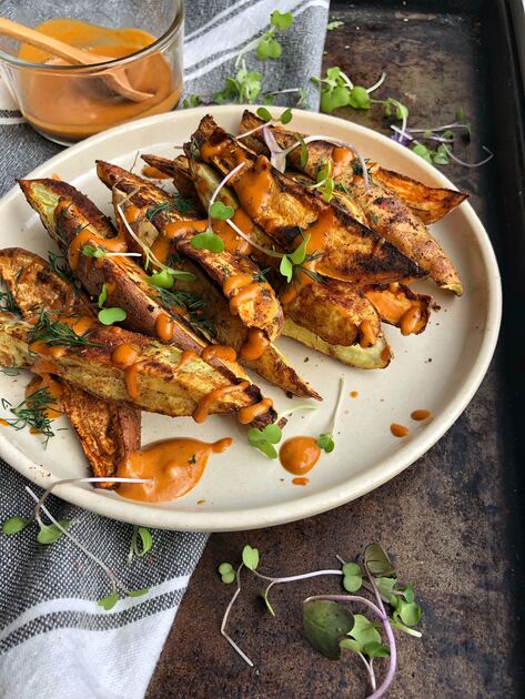 Mediterranean Air Fried Japanese Sweet Potato Fries with Yogurt