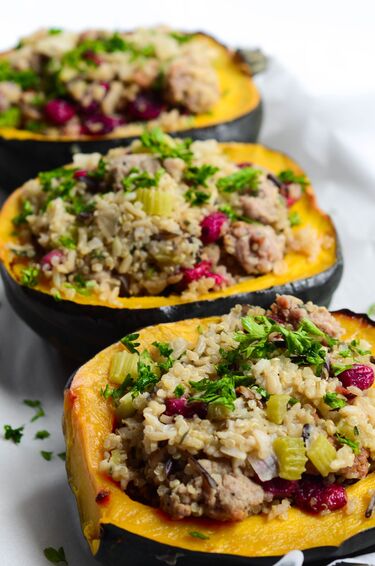 stuffed acorn squash with cranberry and sausage stuffing