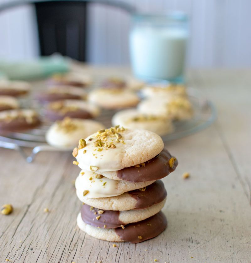 Chocolate Coated Pistachio Shortbread Cookies Recipe The Feedfeed
