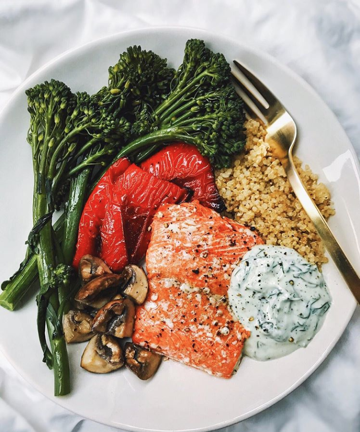 Salmon with Broccolini, Roasted Red Peppers, and Quinoa Recipe | The