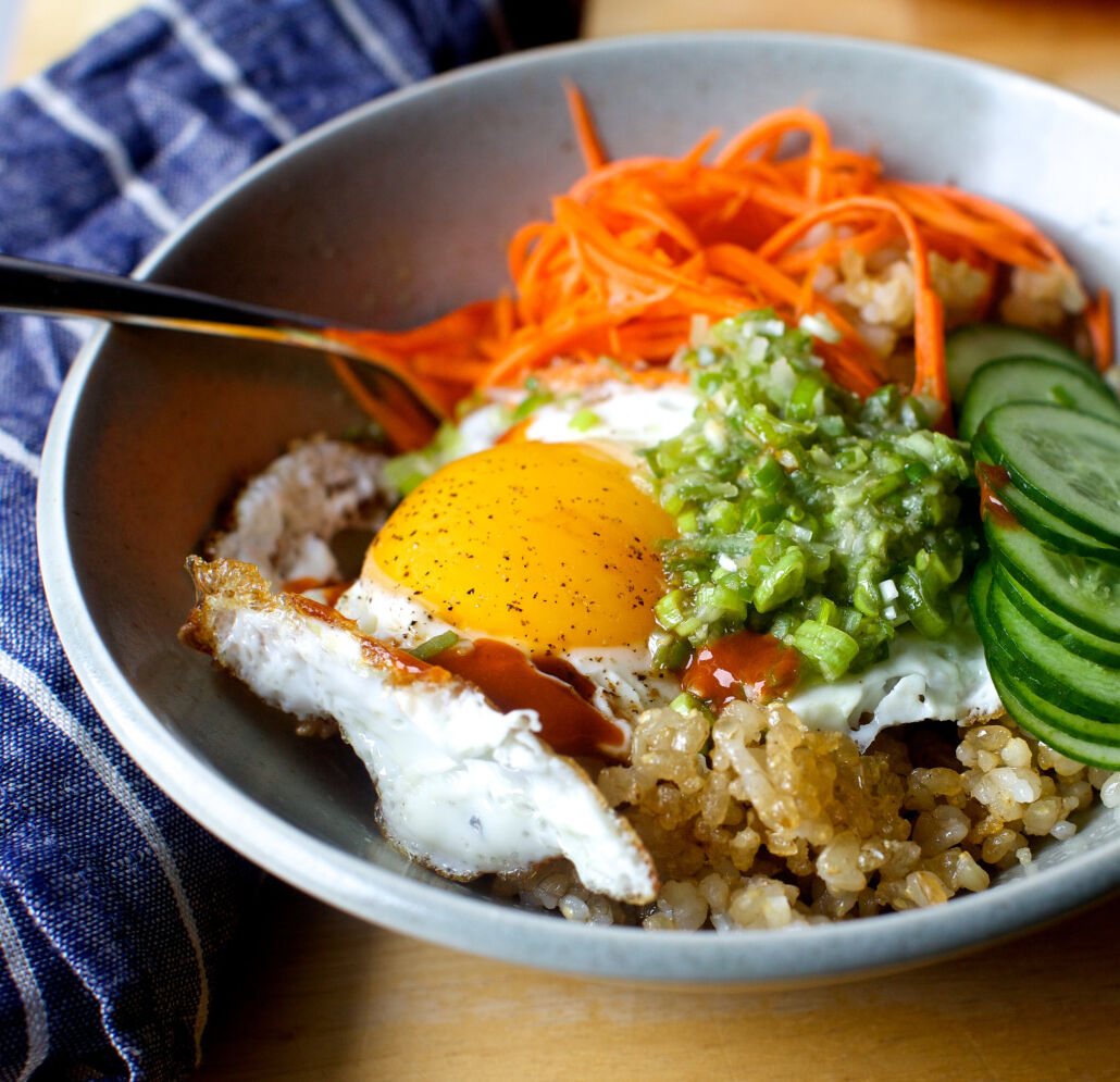 Crispy Rice and Egg Bowl with Ginger Scallion Vinaigrette Recipe The Feedfeed