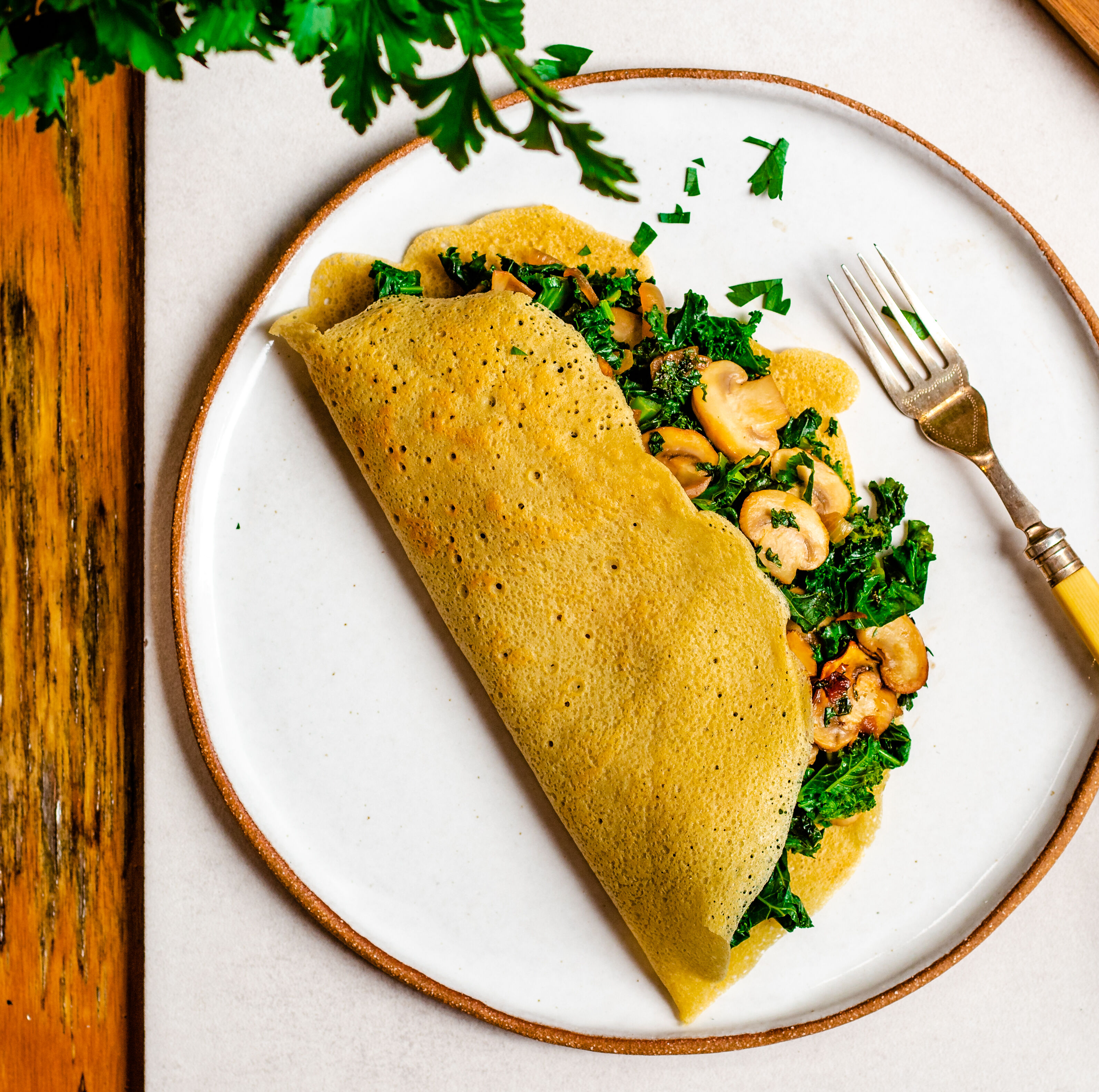 Chickpea Flour Crepes Stuffed with Sautéed Mushrooms, Onions, Kale ...