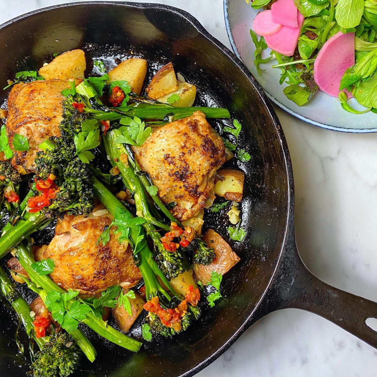 Spicy Chicken Thighs with Roasted Potatoes, Broccolini and Hot Pepper Relish Recipe The Feedfeed