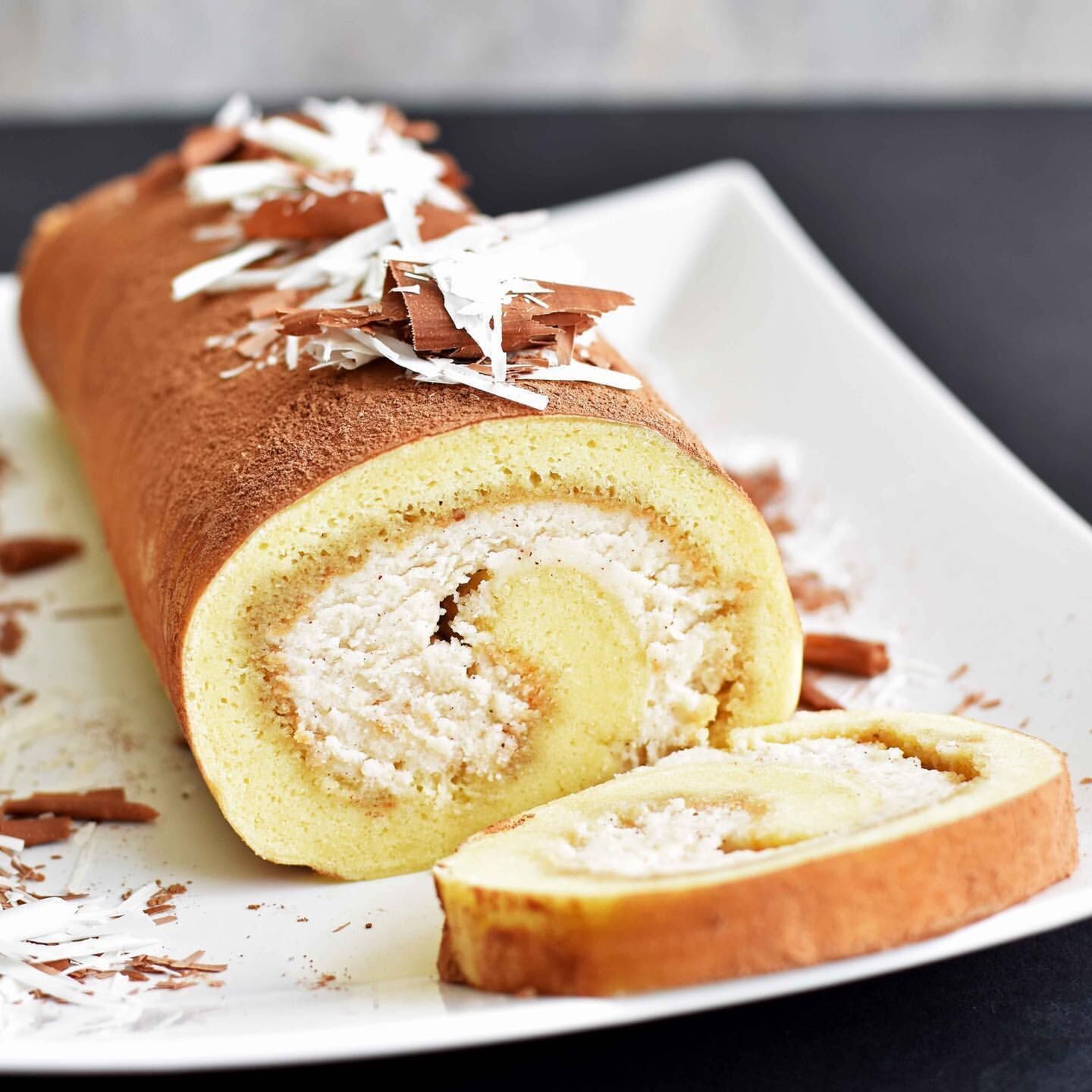 Tiramisu Swiss Roll Cake - Izy Hossack - Top With Cinnamon
